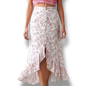 Lulus Pink Floral Ruffle Hem Midi Open Front Prairie Fairy Skirt sz L
